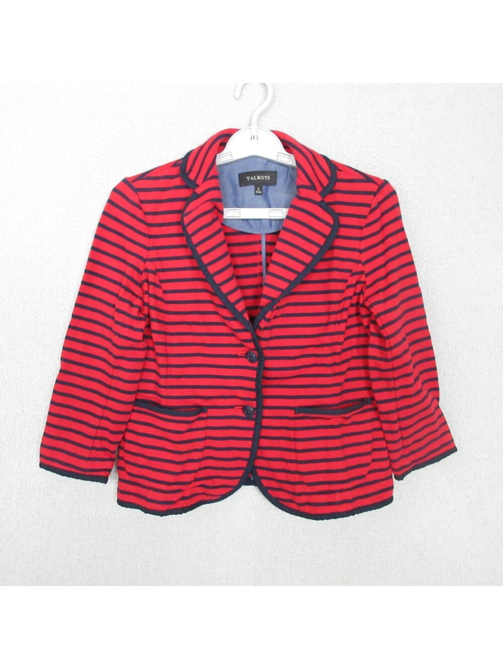 Talbots Jacket Womens S Striped Red Navy Cotton Knit Two Button Piped Trim